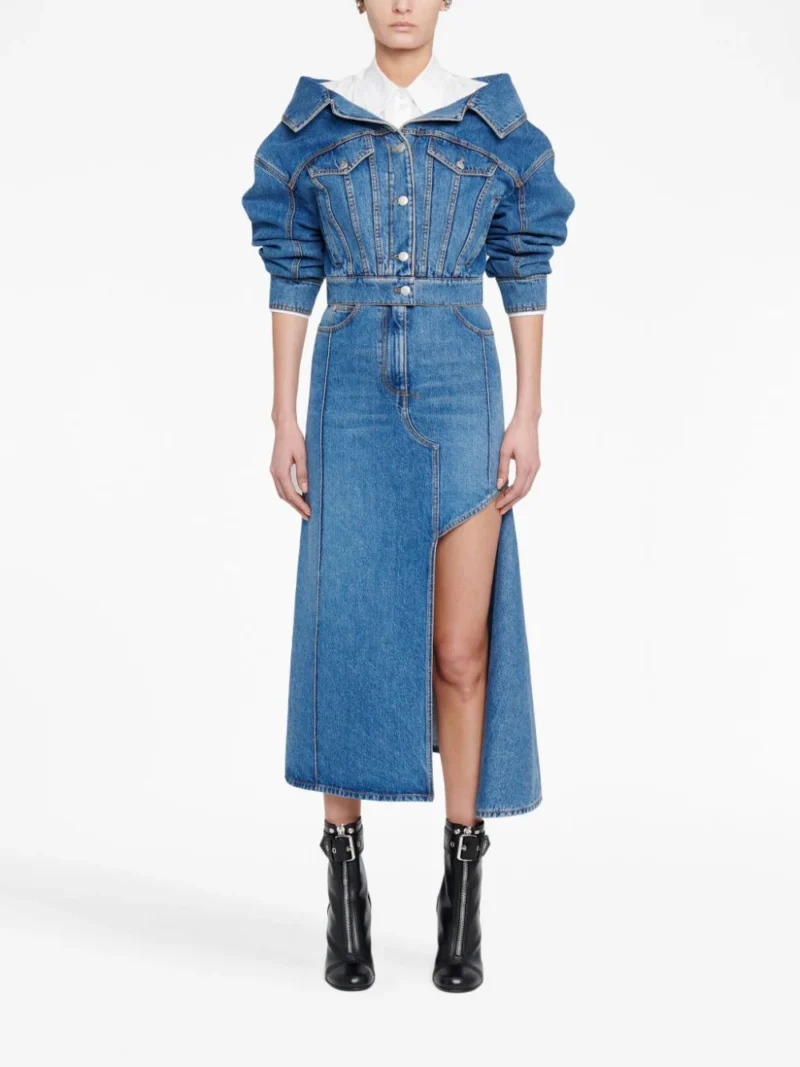 Fusta denim Alexander McQueen Slashed Pencil albastra - imagine 3
