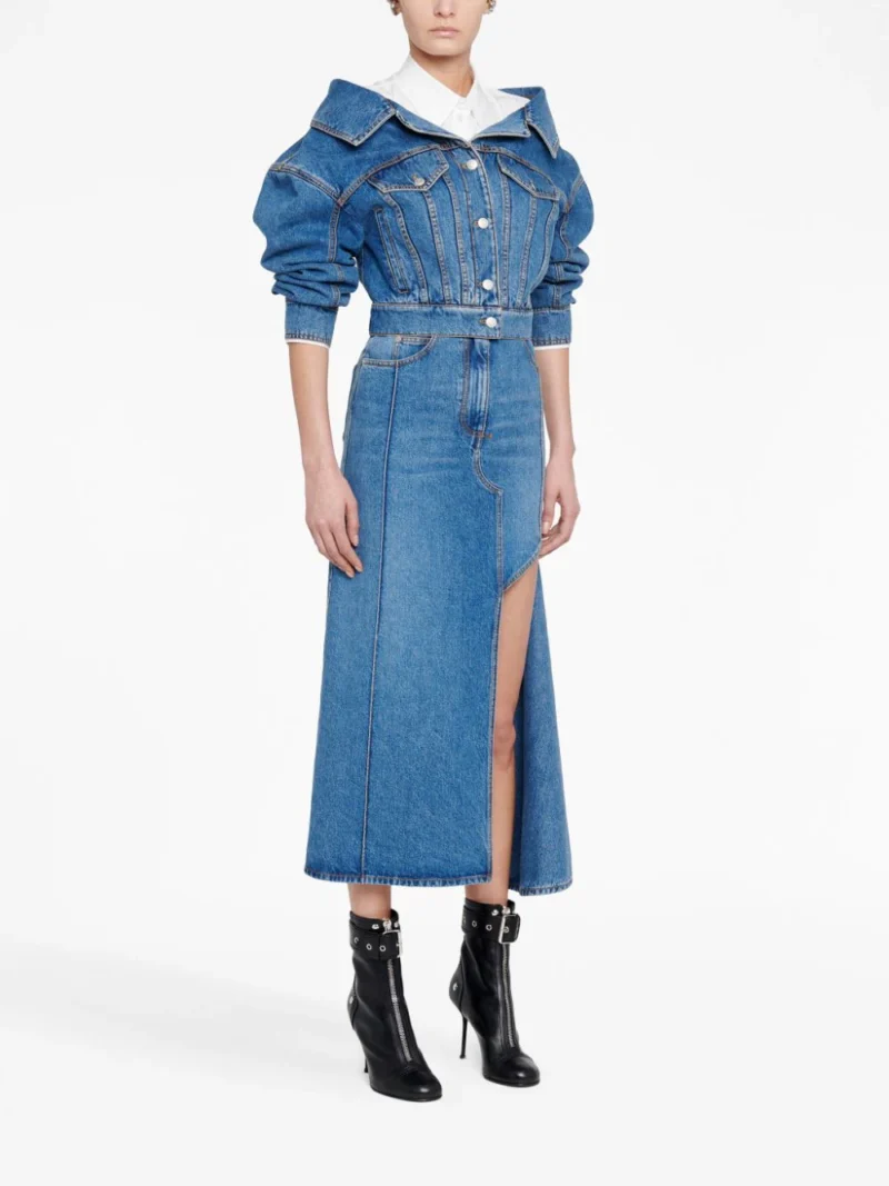 Fusta denim Alexander McQueen Slashed Pencil albastra - imagine 4