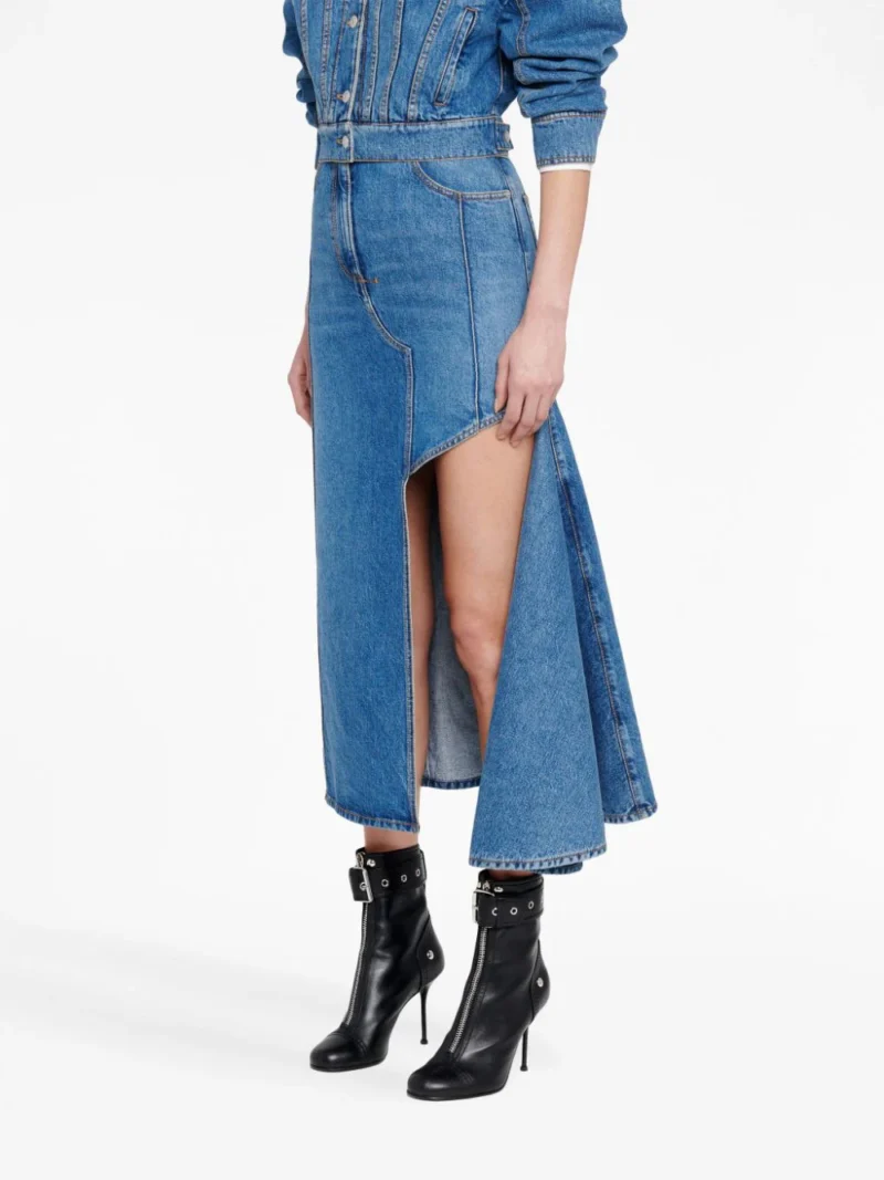 Fusta denim Alexander McQueen Slashed Pencil albastra - imagine 5