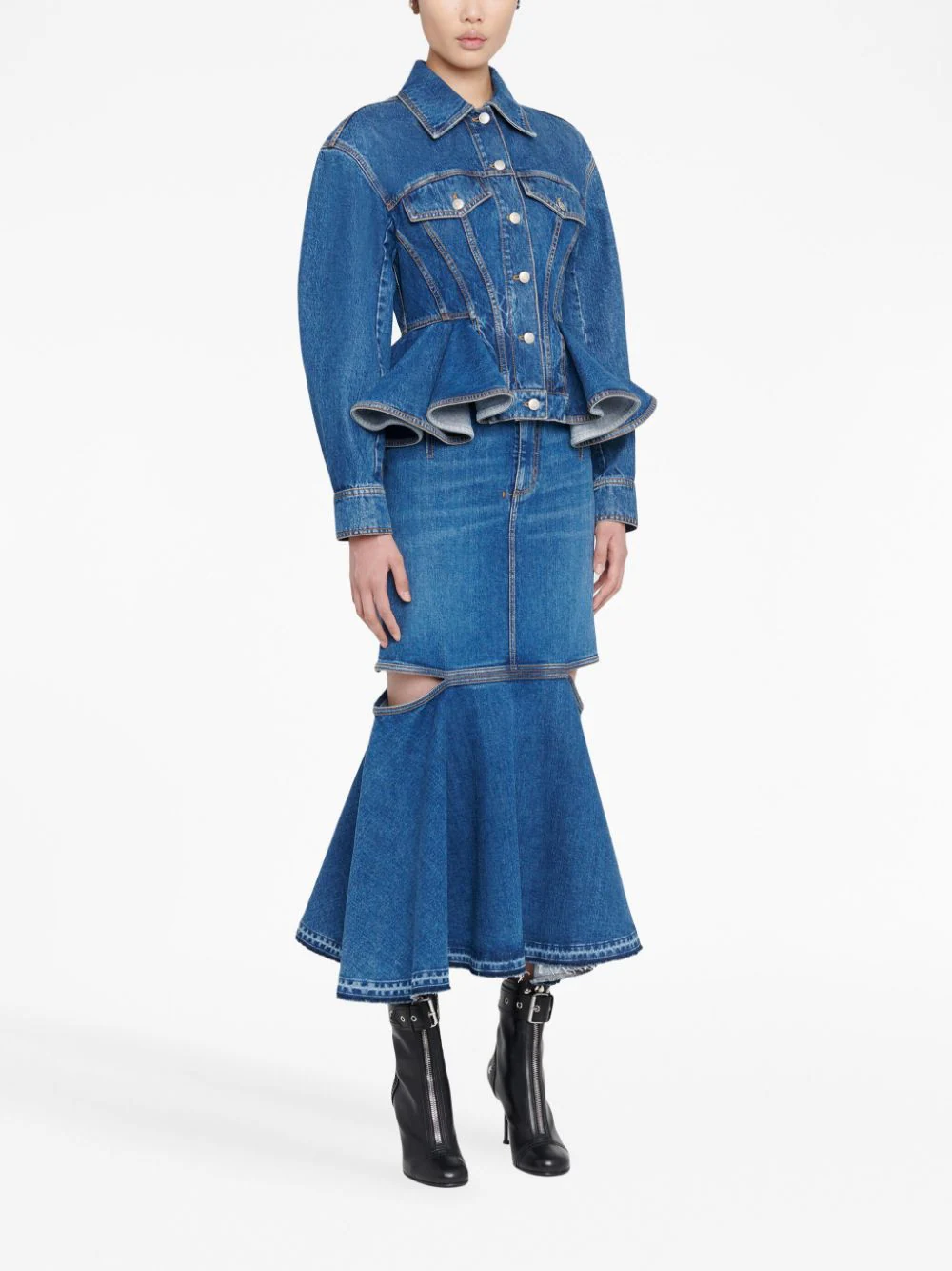Jacheta denim Alexander McQueen Peplum albastra - imagine 3
