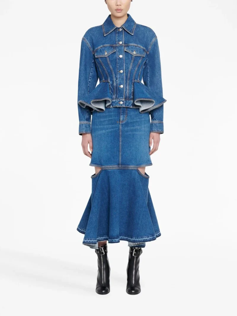 Jacheta denim Alexander McQueen Peplum albastra - imagine 4