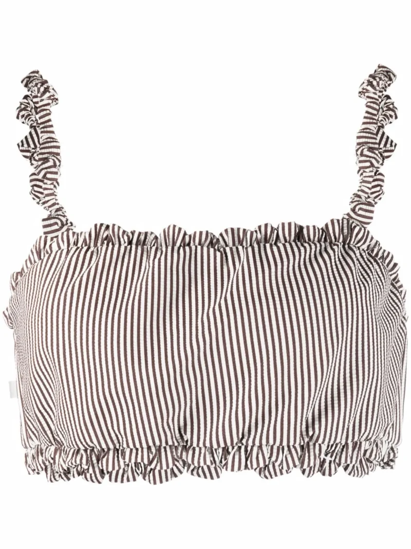 Bustiera GANNI Ruched Striped Bikini alb