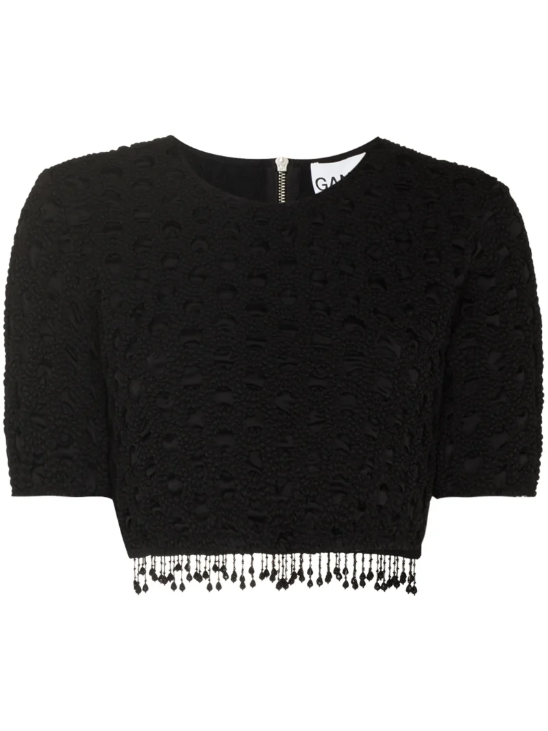 Top GANNI Beaded Tassels Crochet negru