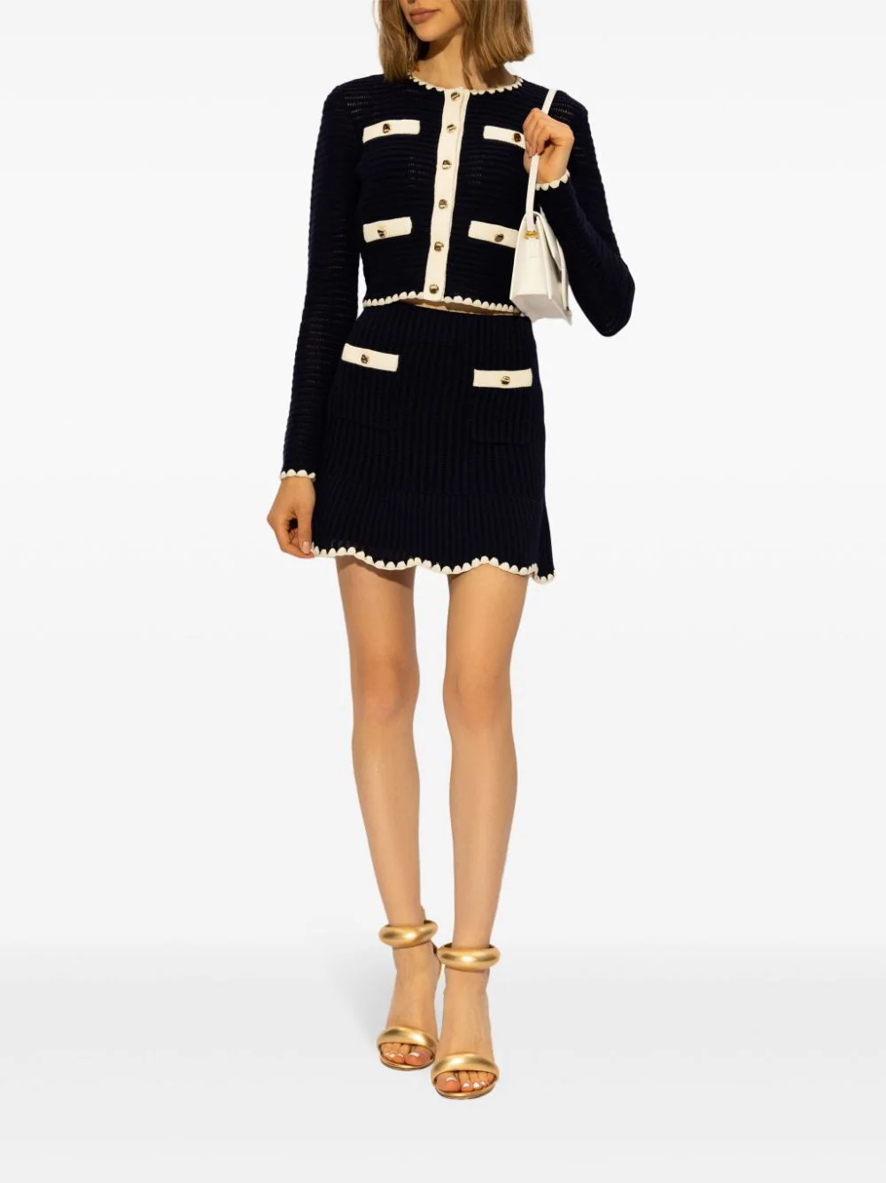 Cardigan Self-Portrait Crochet-Knit Cropped bleumarin - imagine 4