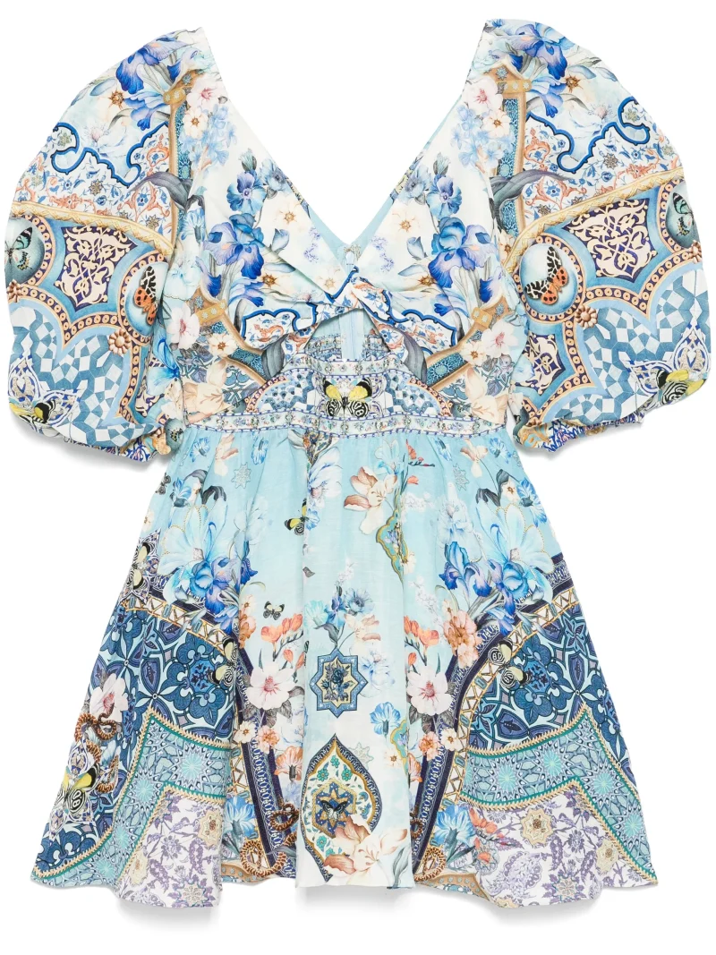 Rochie mini Camilla puff-sleeve albastra