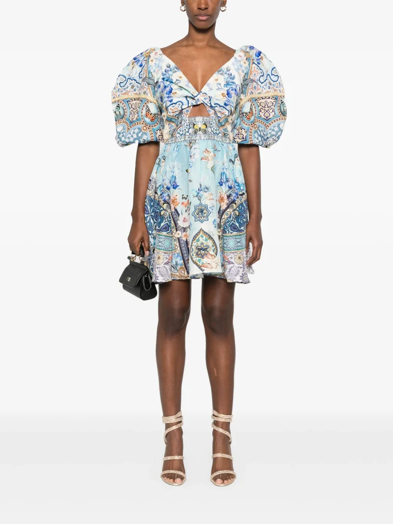 Alternative view of Rochie mini Camilla puff-sleeve albastra