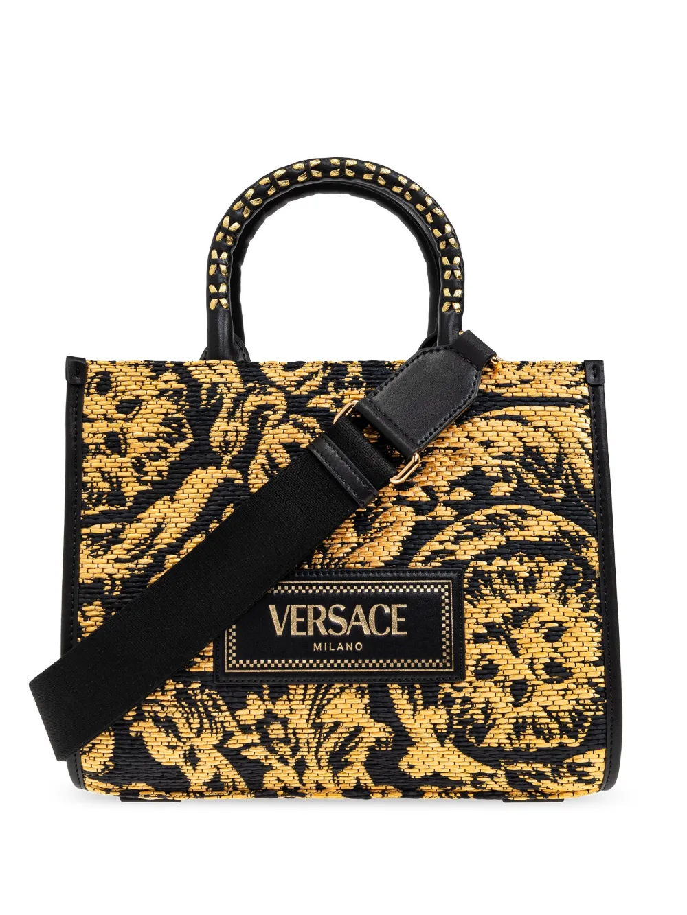 Geanta tote Versace small Barocco Athena Raffia negru