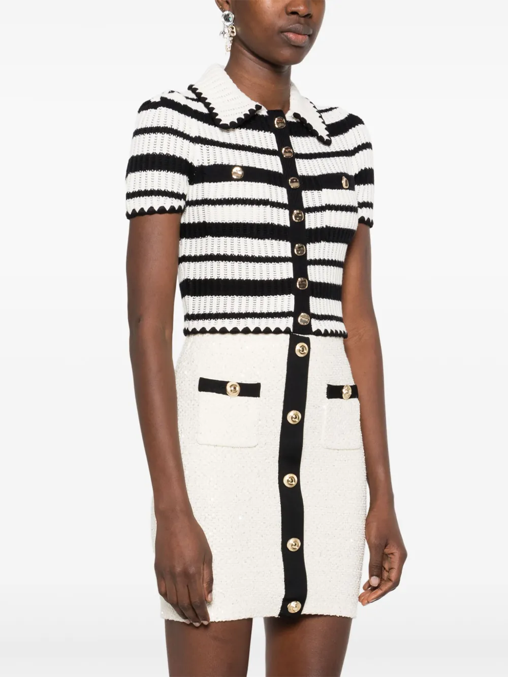 Top Self-Portrait Striped Crochet alb - imagine 3