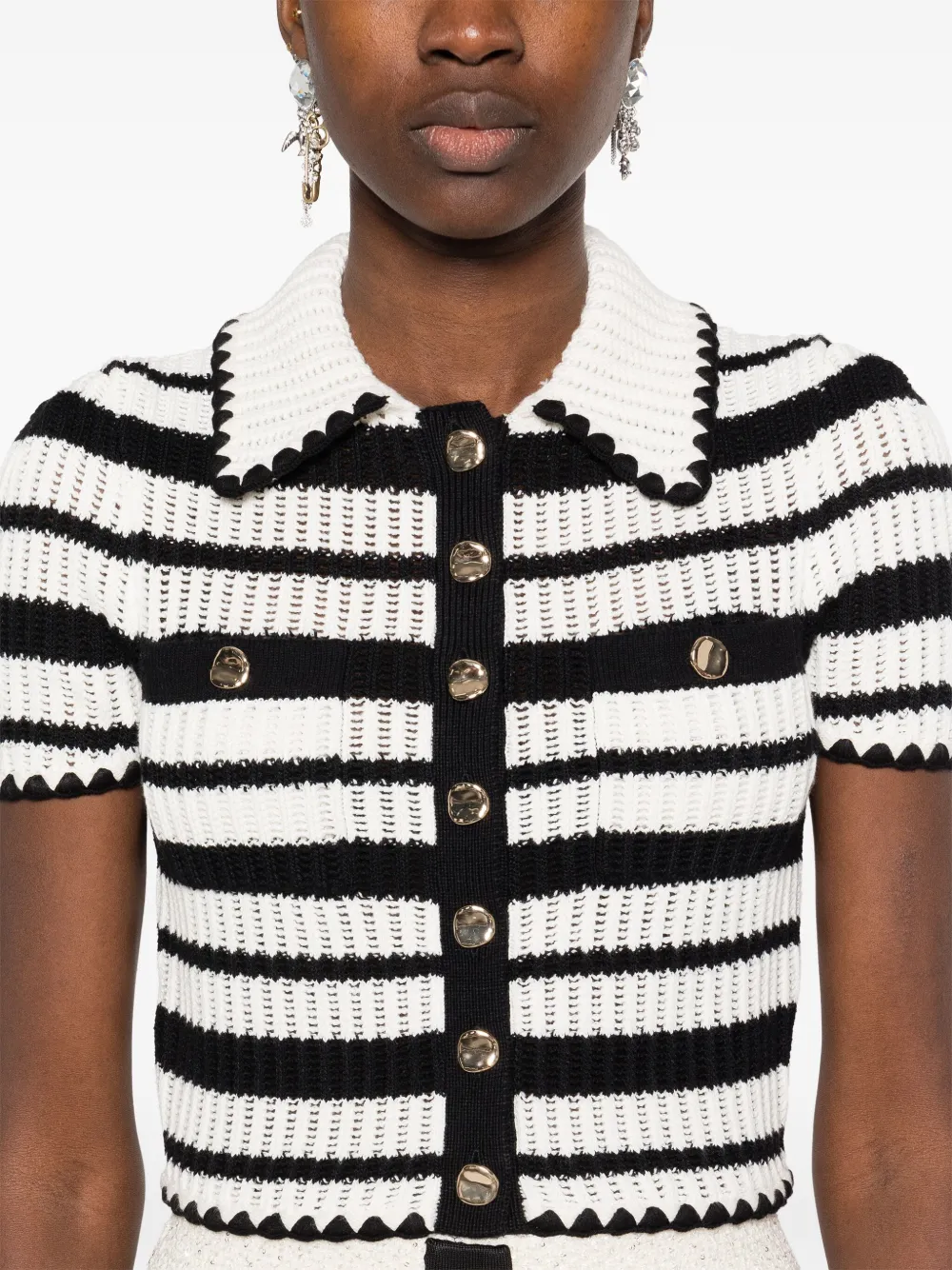 Top Self-Portrait Striped Crochet alb - imagine 5