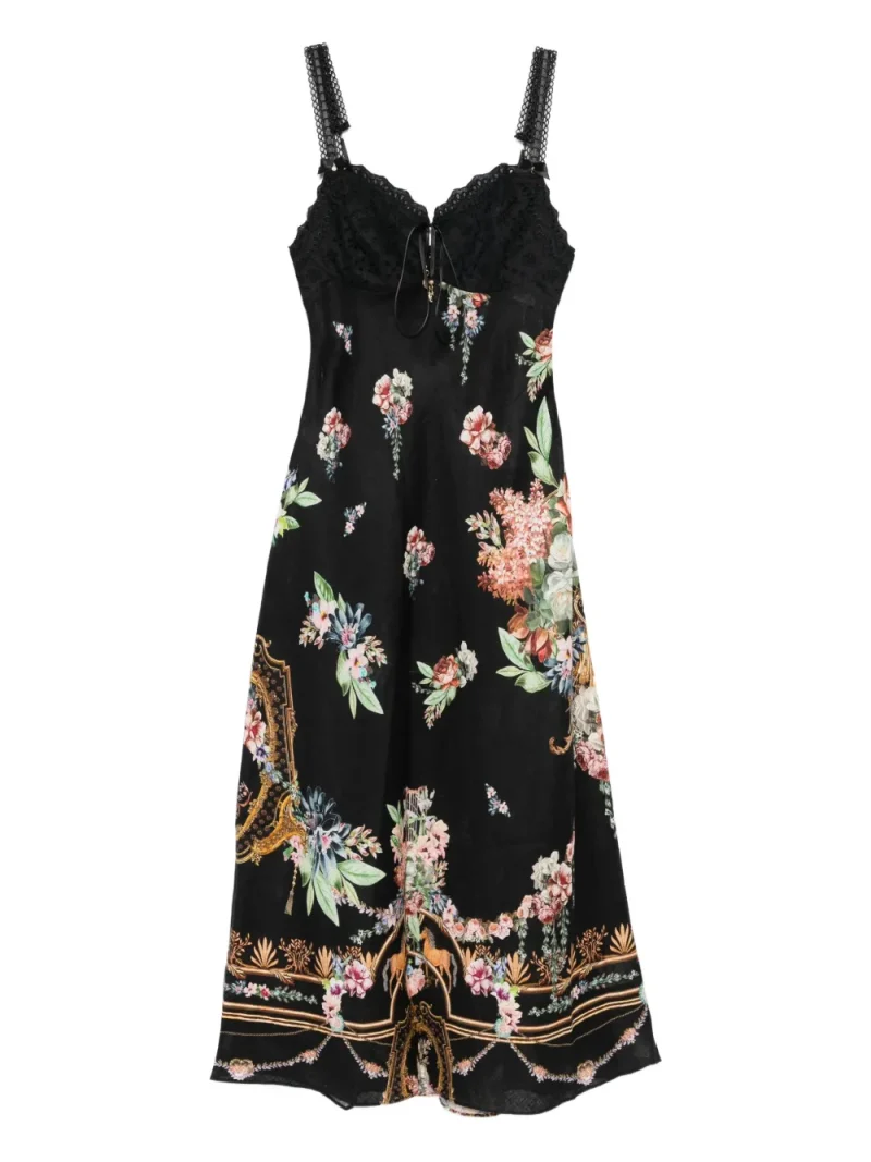 Rochie midi Camilla Lace-Trimmed Floral-Print negru