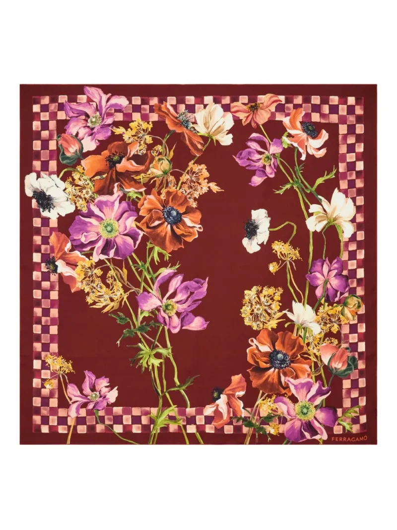 Esarfa Ferragamo Fiori-Print Silk visiniu