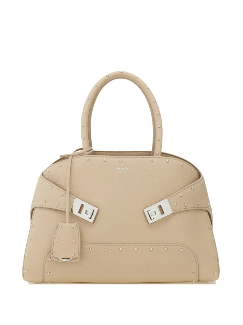Geanta Ferragamo Stud-Embellished Structured Tote bej