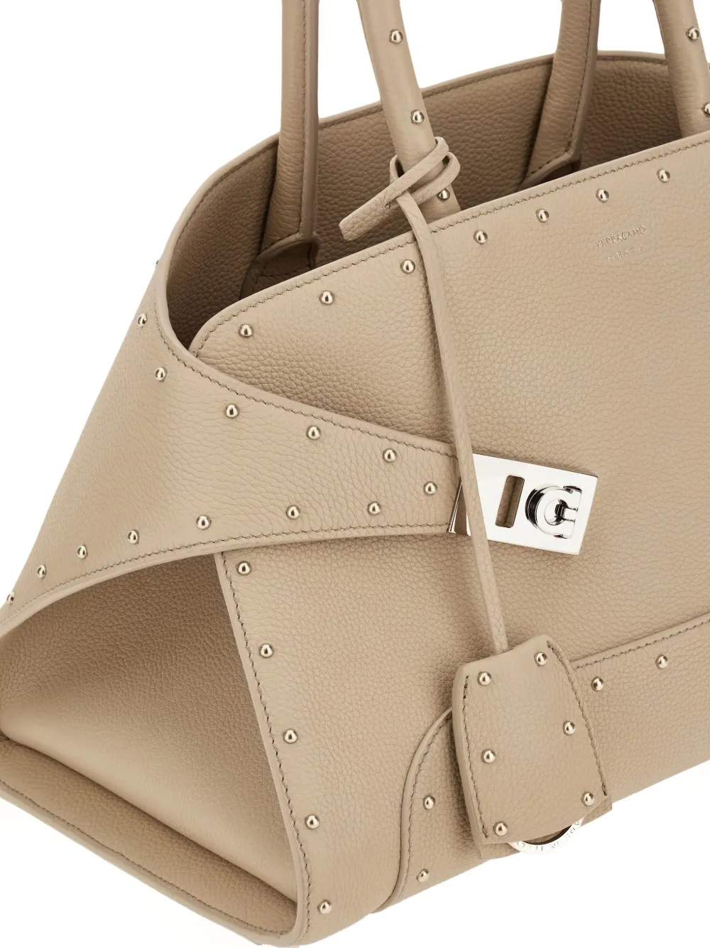 Geanta Ferragamo Stud-Embellished Structured Tote bej - imagine 6