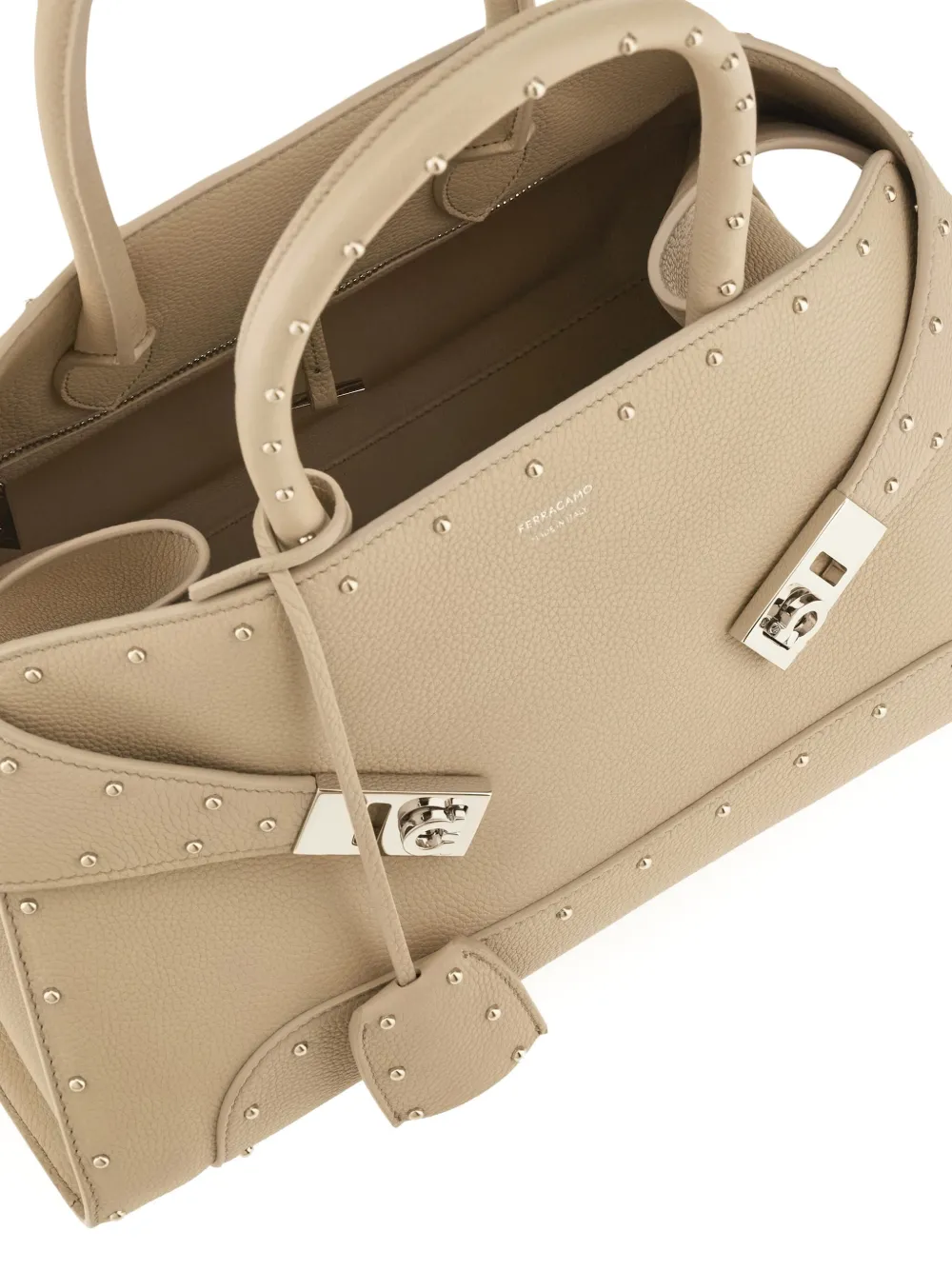 Geanta Ferragamo Stud-Embellished Structured Tote bej - imagine 7