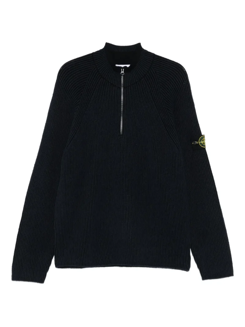 Pulover Stone Island Ribbed Zip-Neck bleumarin