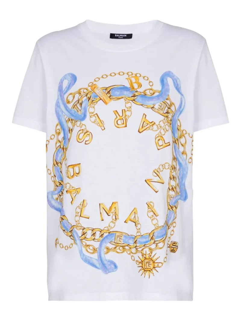 Tricou Balmain Chain-Print Cotton alb