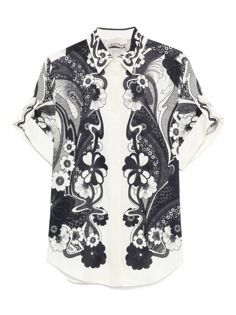 Camasa Alemais Floral-Print Short-Sleeve bleumarin