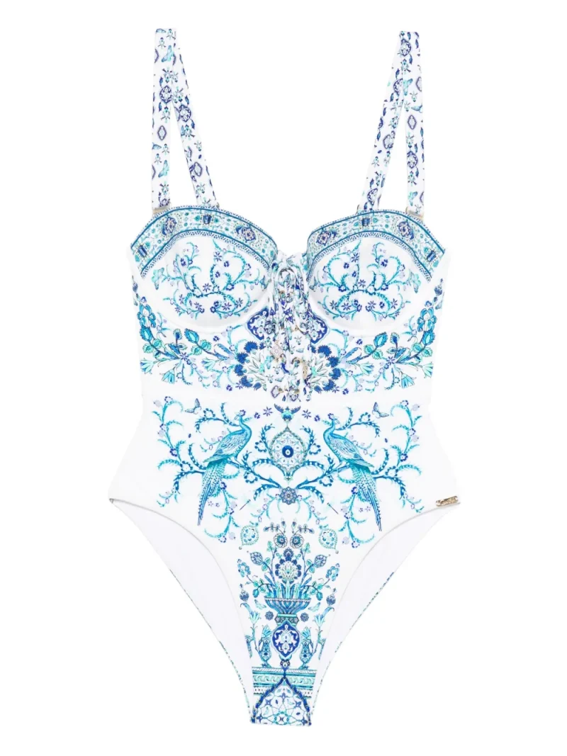 Costum de baie Camilla Bird-Print Lace-Up albastru