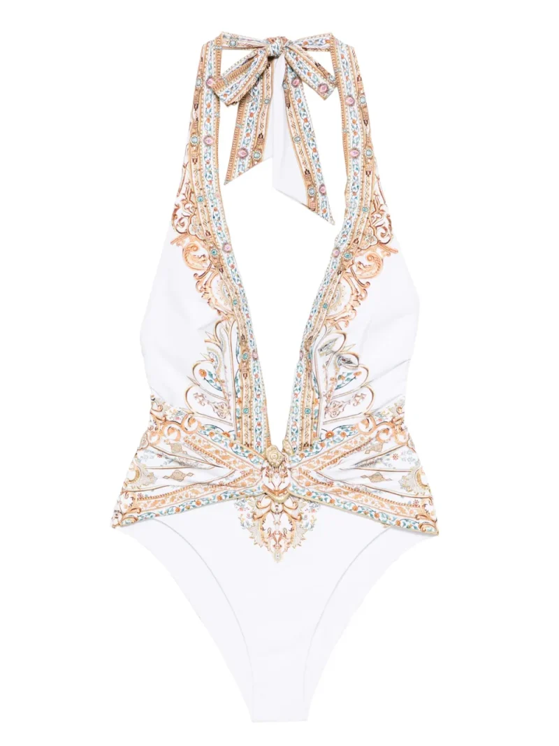 Costum de baie Camilla Halterneck Embellished alb