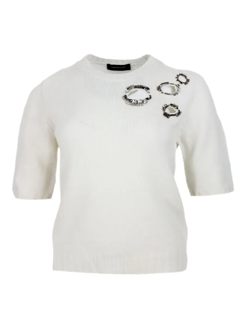 Pulover Fabiana Filippi Embellished Eyelet-Detailing alb