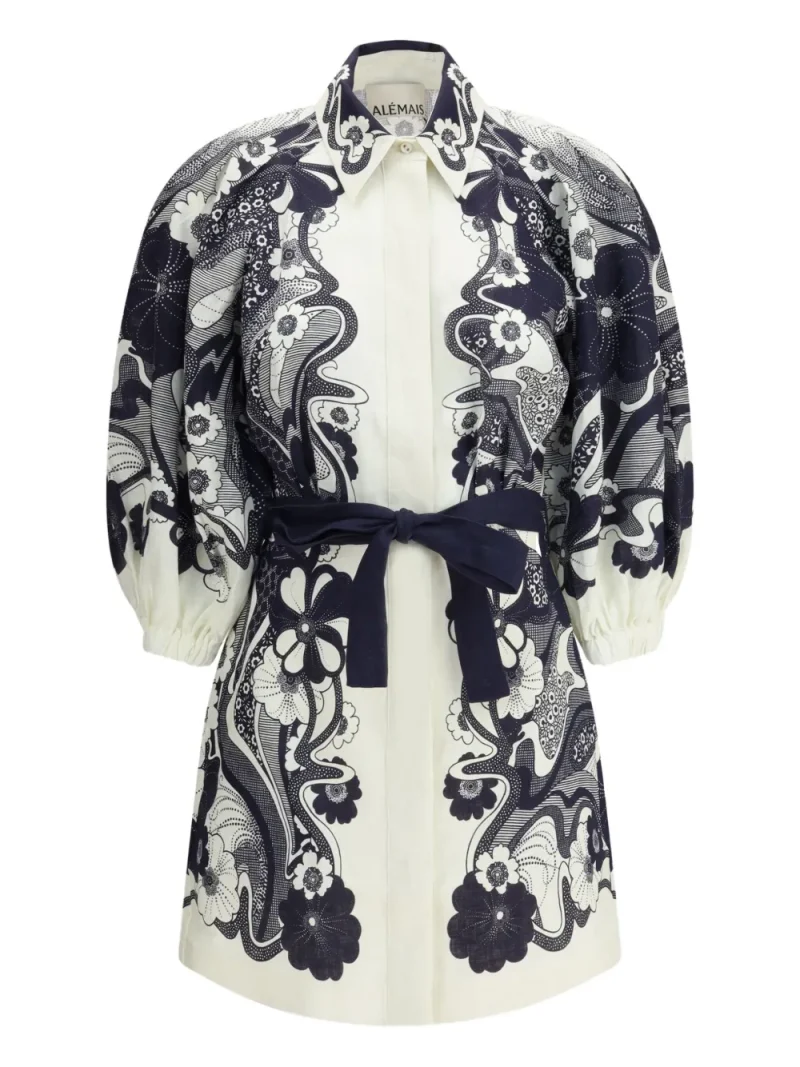 Rochie mini Alemais Floral-Print Puff-Sleeve bleumarin