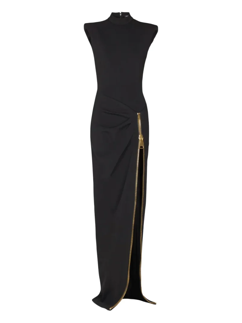 Rochie maxi Balmain zip-detail shoulder-pad negru