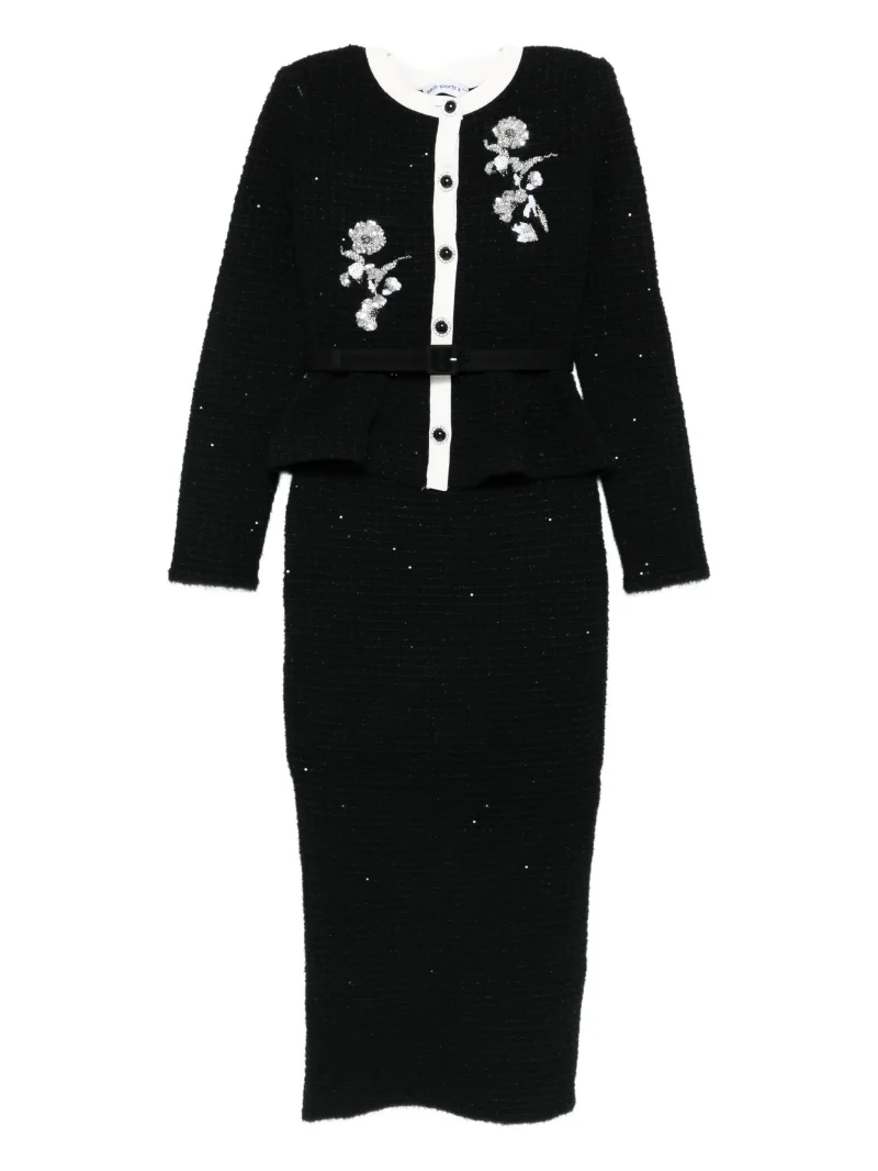 Rochie midi Self-Portrait floral-embellished knitted negru
