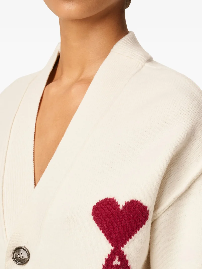 Cardigan AMI Paris "Ami De Coeur" wool ecru - imagine 3