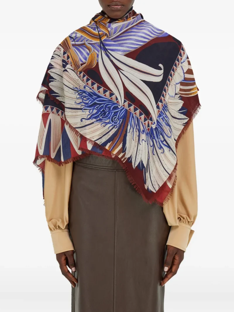 Alternative view of Esarfa Ferragamo Floral-Print Fringed bleumarin