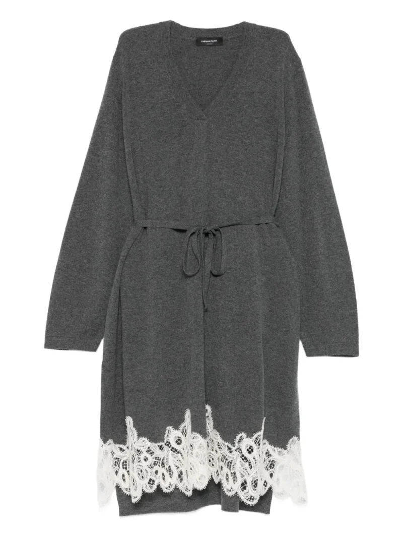 Rochie midi Fabiana Filippi Lace-Trim Tie-Fastening gri