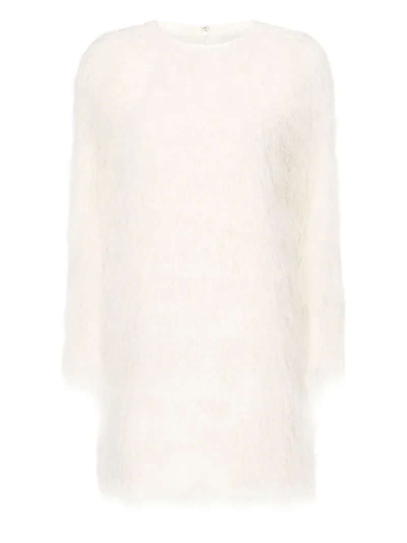 Rochie mini LouLou de Saison Tina Fringe Long Sleeve alb