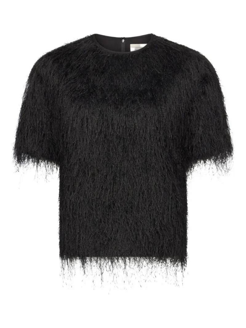 Top LouLou de Saison Zaro Fringed Short-Sleeve negru