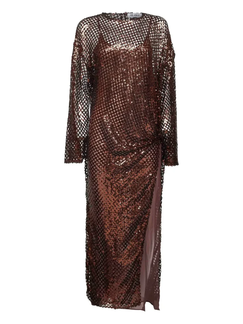 Rochie maxi The Attico Sequin-Embellished Gathered maro