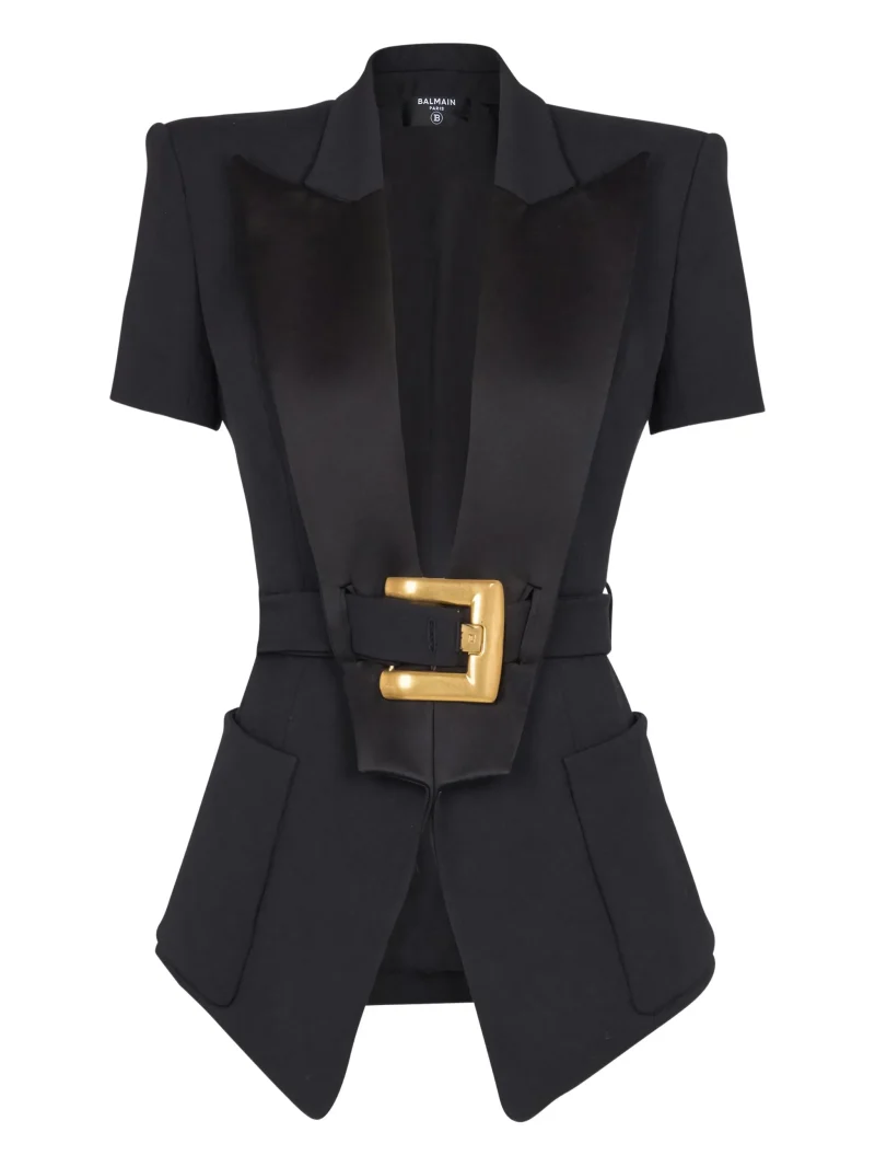Blazer Balmain belted grain-de-poudre negru