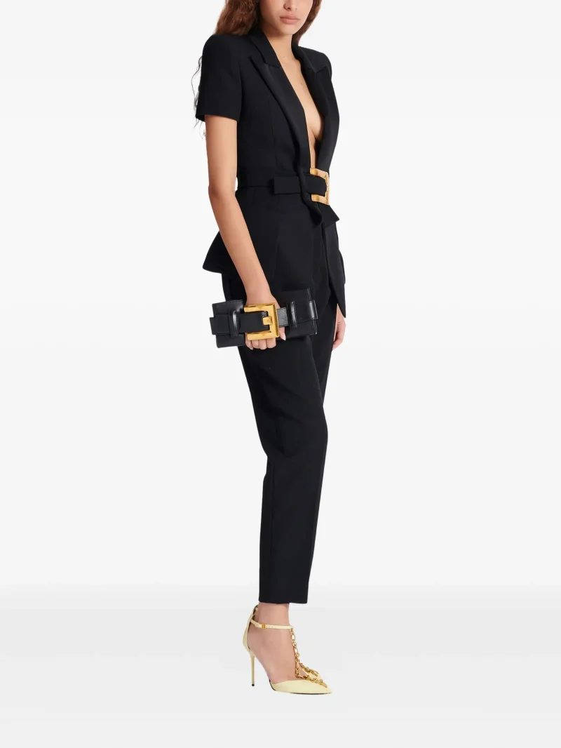 Alternative view of Blazer Balmain belted grain-de-poudre negru