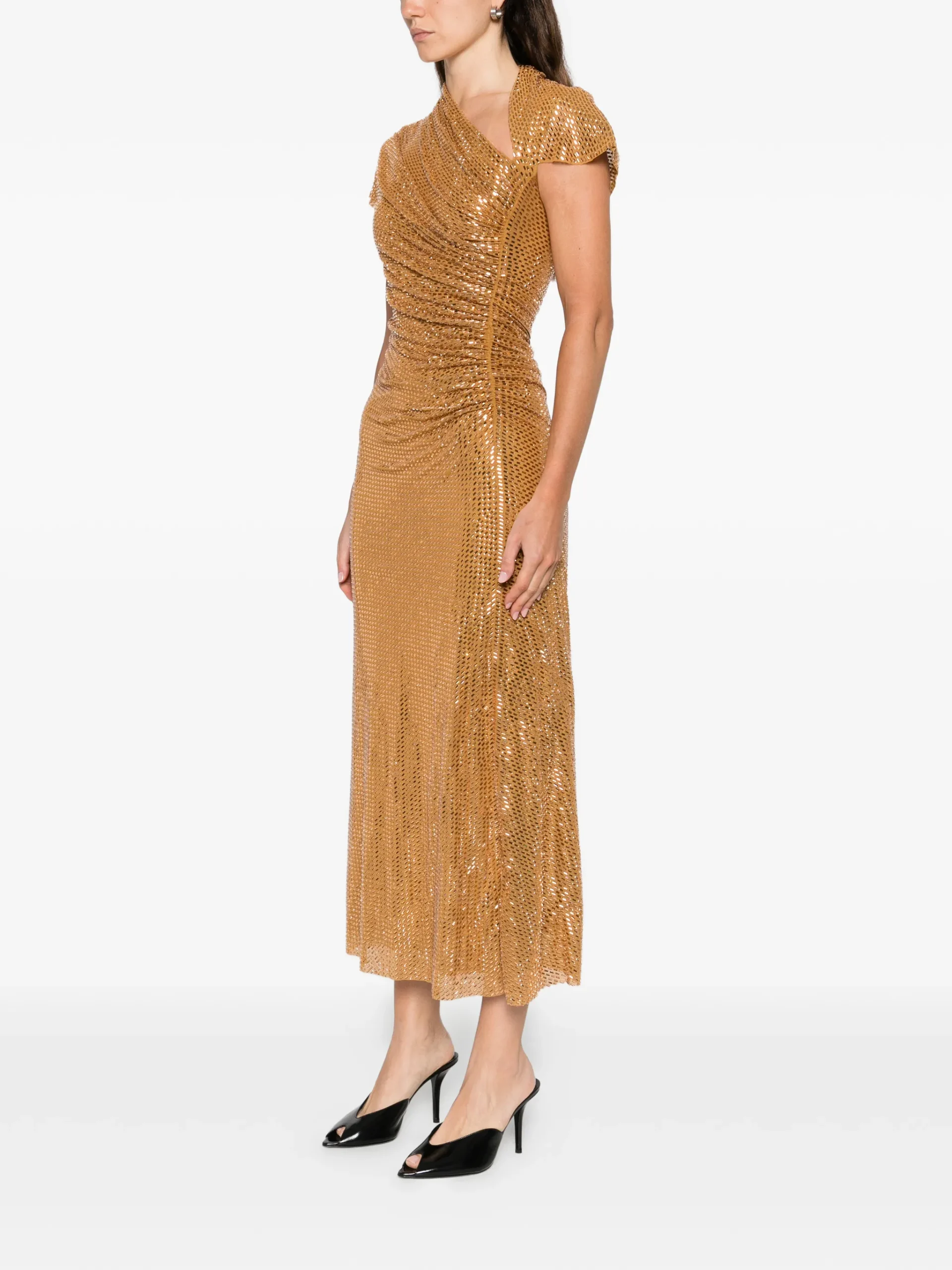 Rochie midi Self-Portrait rhinestoned-embellished auriu - imagine 4