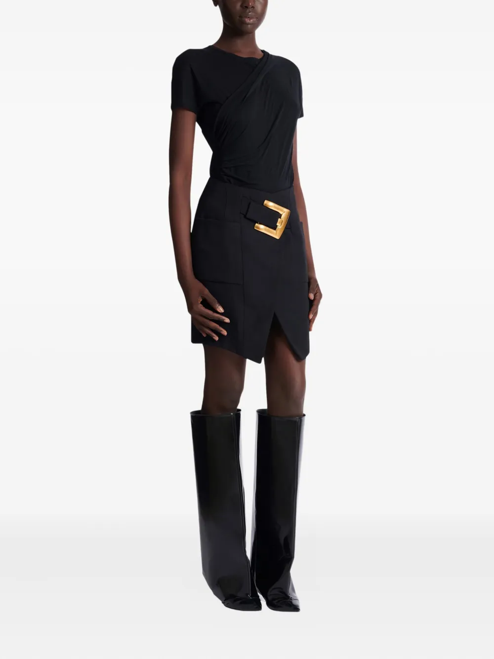 Fusta mini Balmain Grain De Poudre belt-detail negru - imagine 5