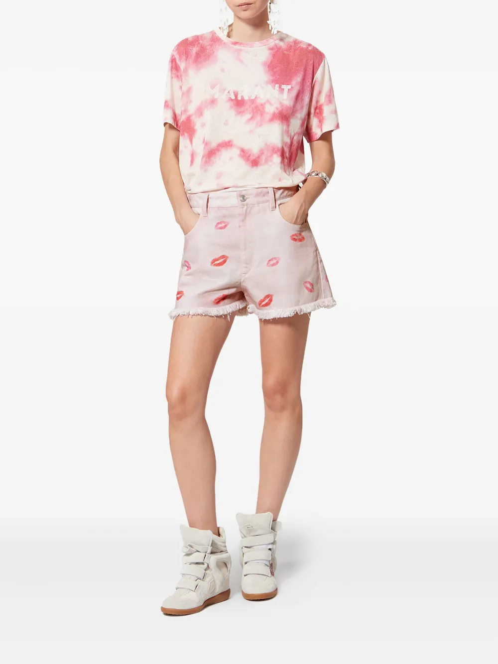 Pantaloni scurti Marant Etoile fringed-hem lips-print roz - imagine 2