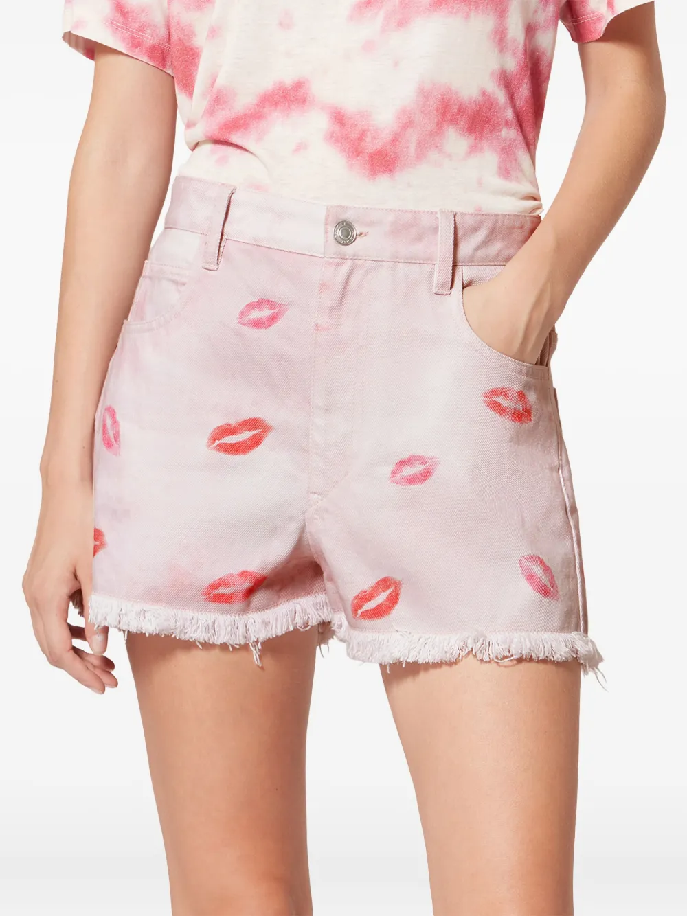 Pantaloni scurti Marant Etoile fringed-hem lips-print roz - imagine 4
