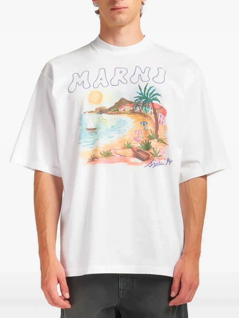 Tricou Marni coastal-scene alb