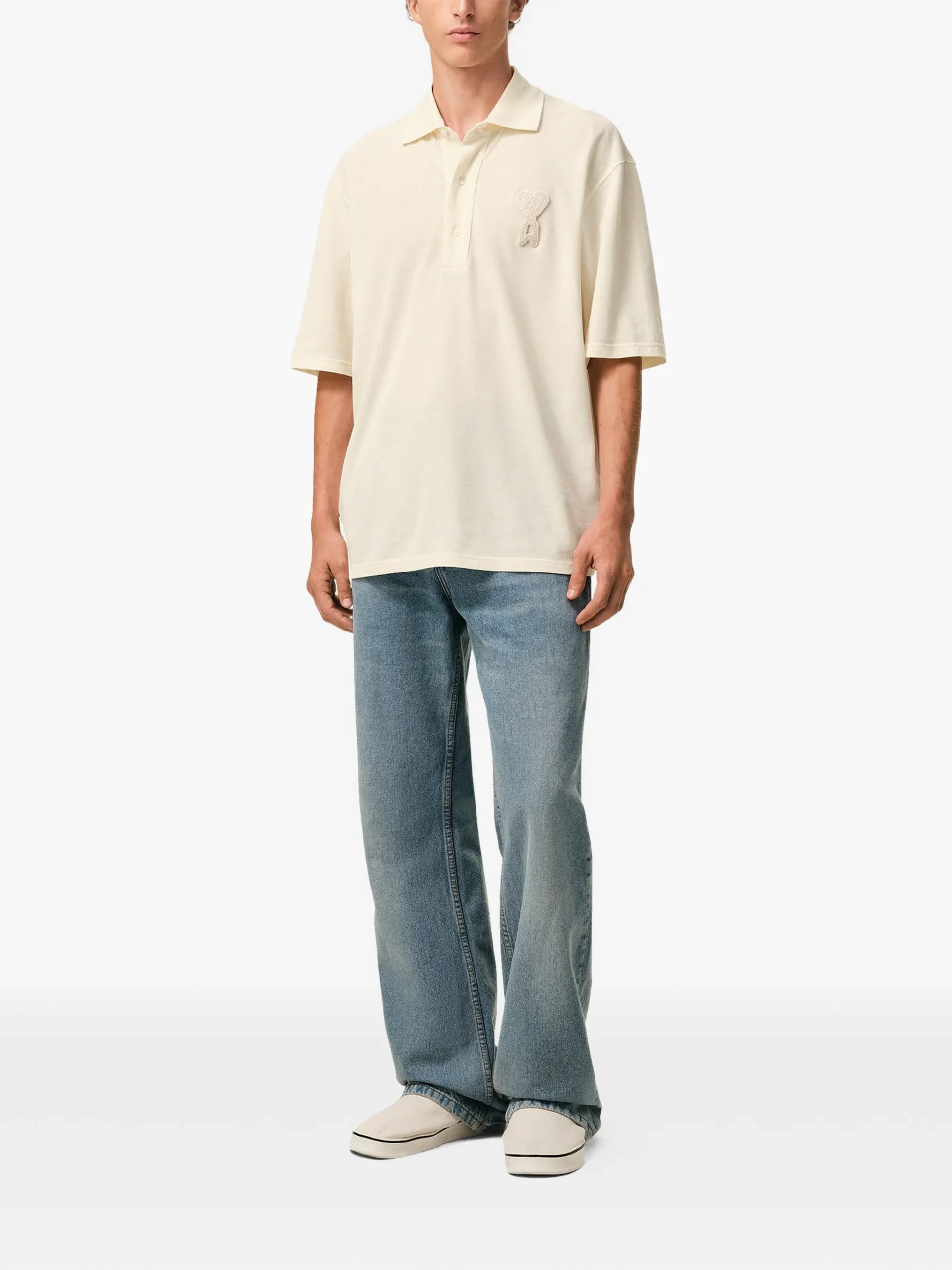 Tricou polo AMI Paris logo-patch crem - imagine 5