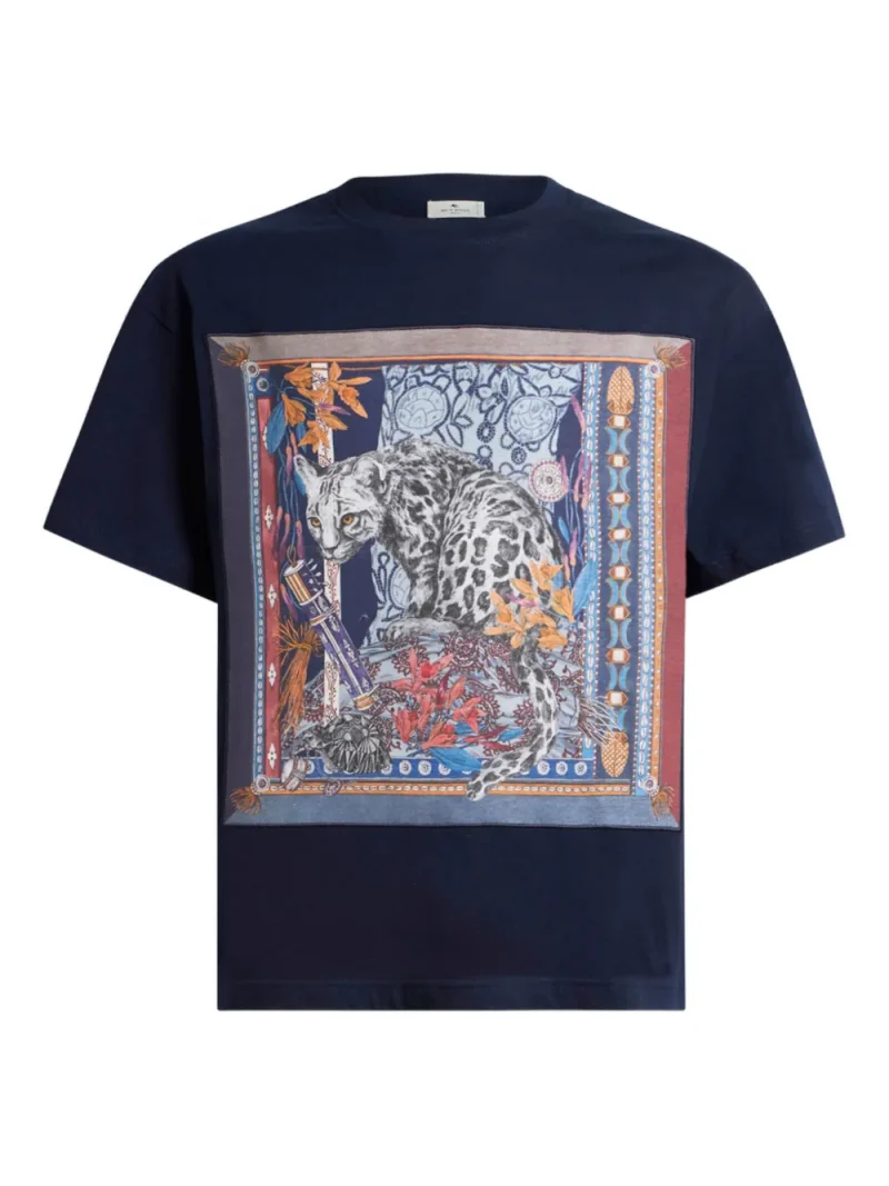 Tricou ETRO Placed Leopard-Print T-shirt bleumarin