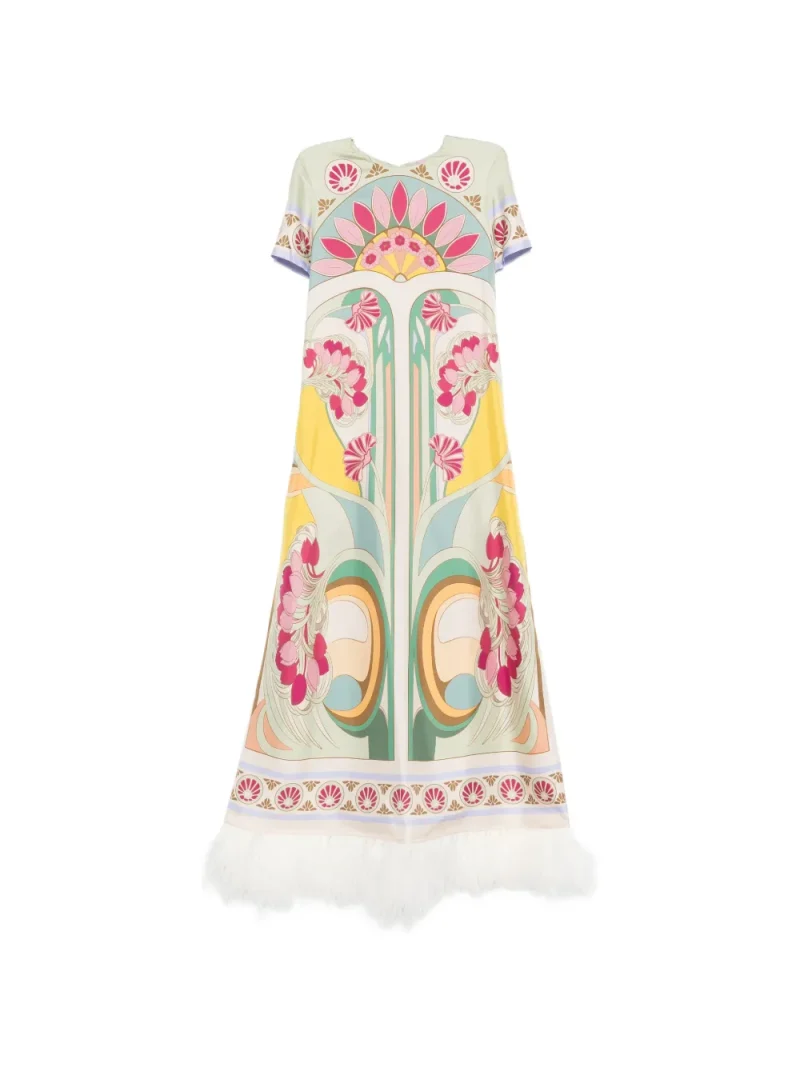 Rochie maxi La DoubleJ Tulip Placee-Print Feather-Trim multicolor