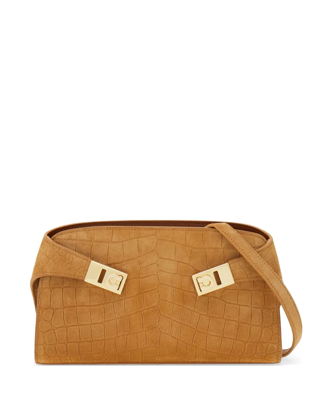 Geanta mini Ferragamo Hug Crocodile-Effect Crossbody maro