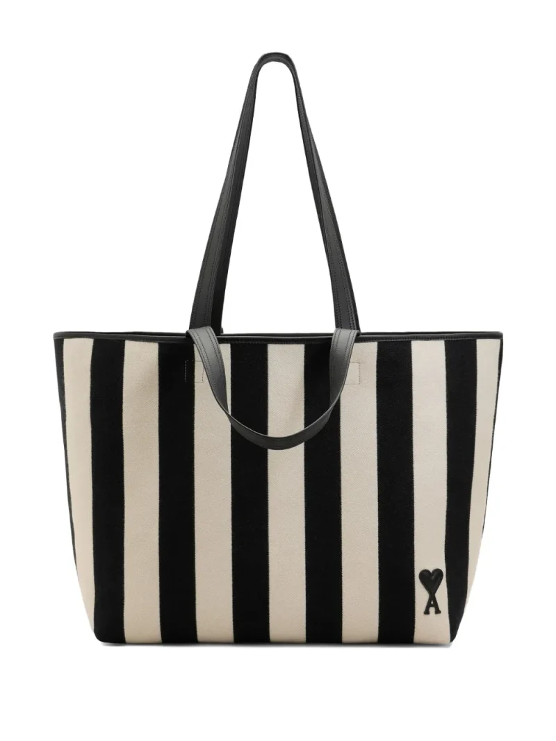 Geanta tote AMI Paris Large Ami De Coeur Striped bej