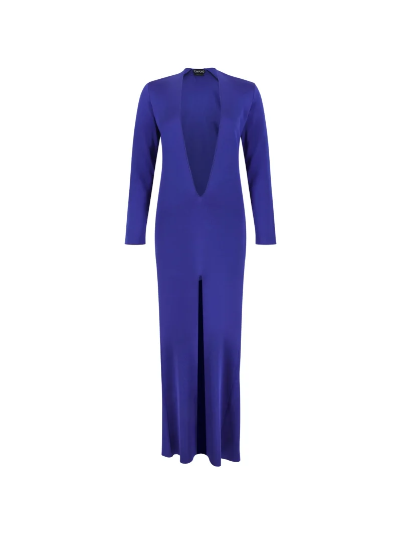 Rochie maxi Tom Ford Plunging-Neckline Front-Slit albastru