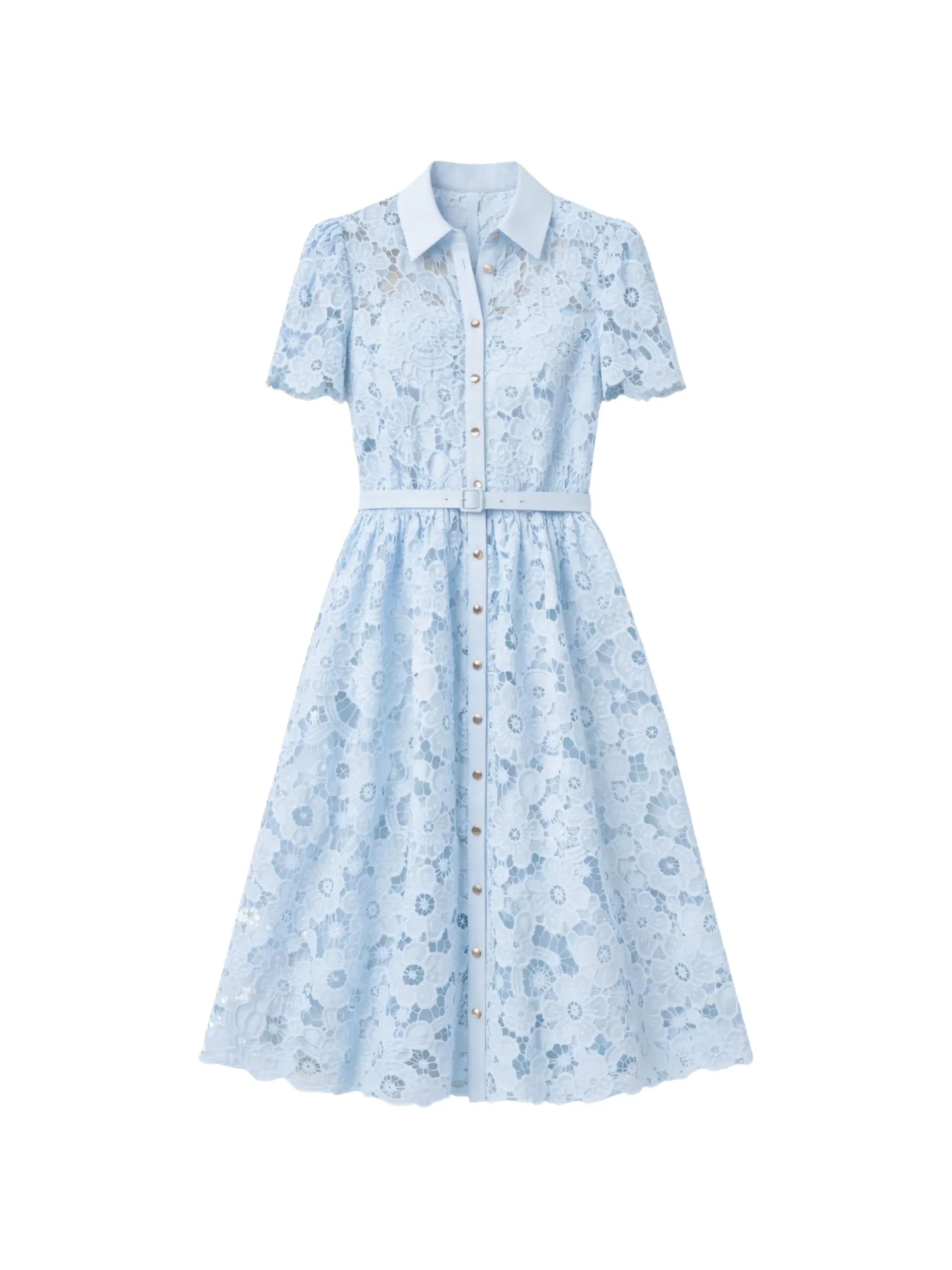 Rochie midi Self-Portrait Belted Floral-Lace albastru