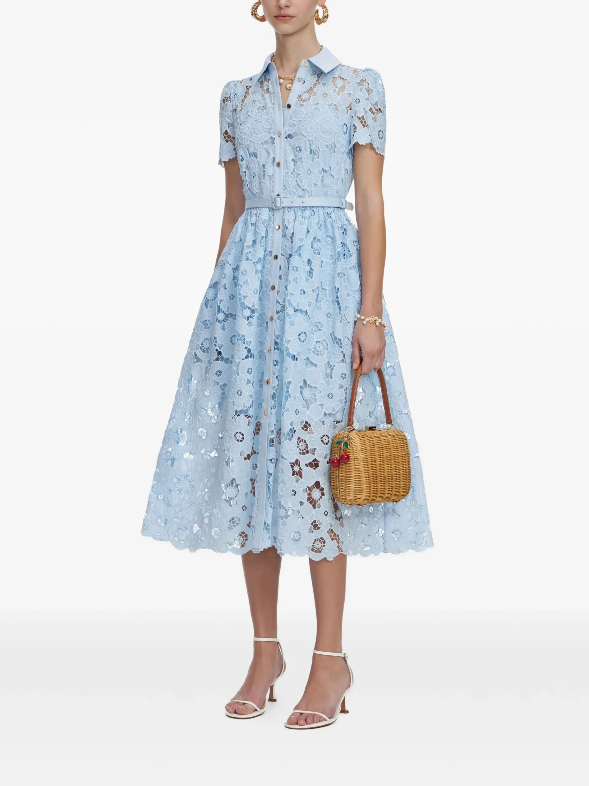 Rochie midi Self-Portrait Belted Floral-Lace albastru - imagine 3