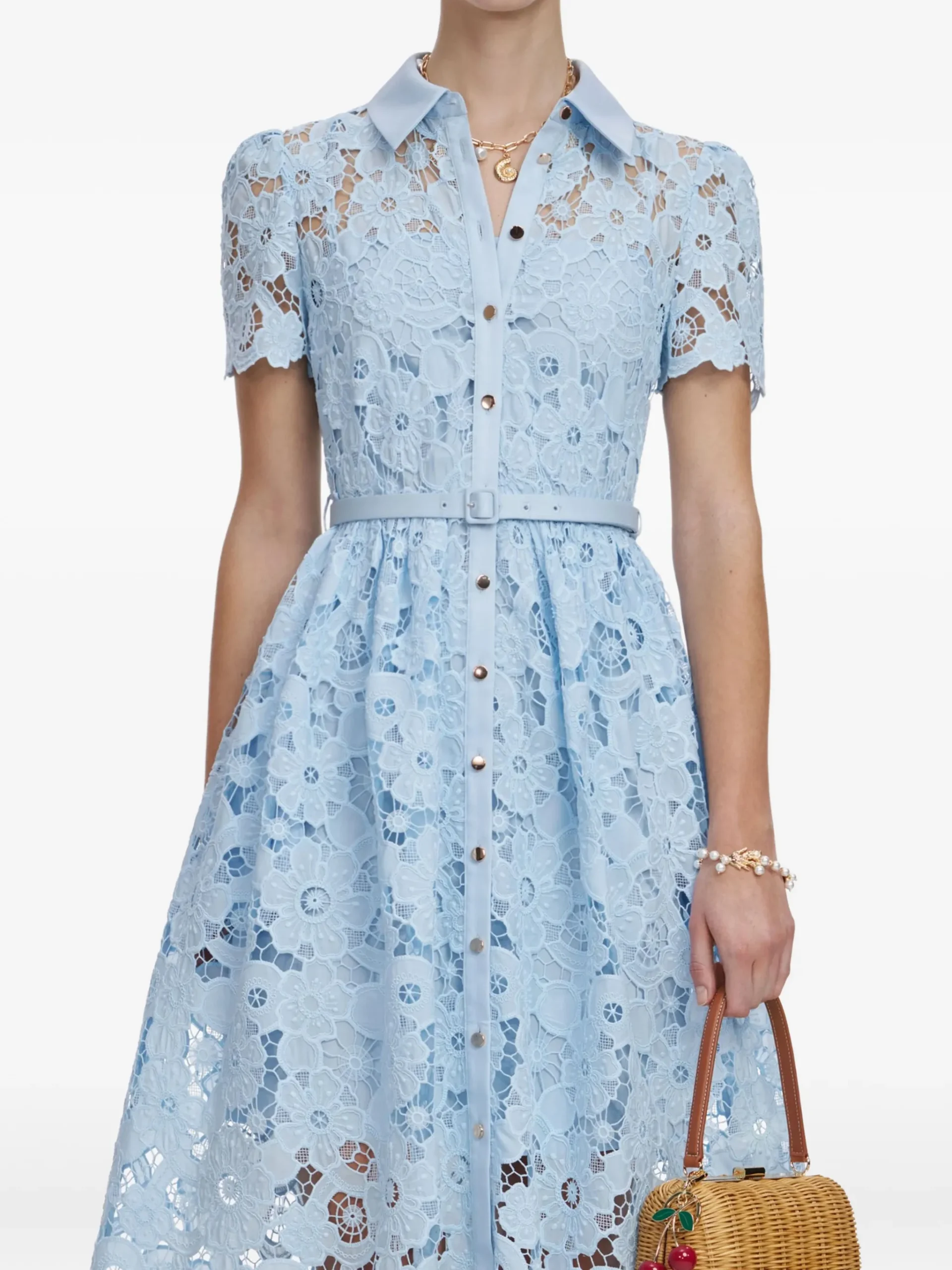 Rochie midi Self-Portrait Belted Floral-Lace albastru - imagine 4