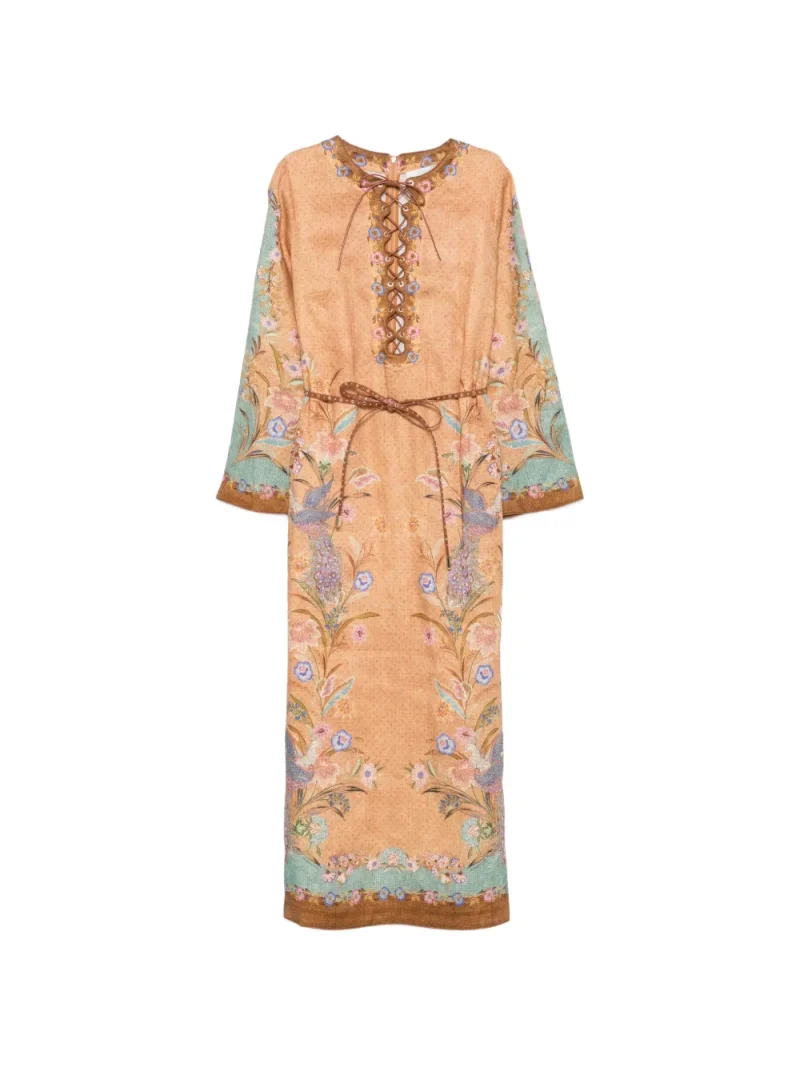 Rochie midi Zimmermann Indra Lace-up Floral-Print maro